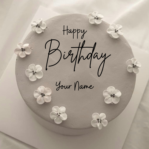 Write Name on Floral Art White Chocolate Birthday Cake