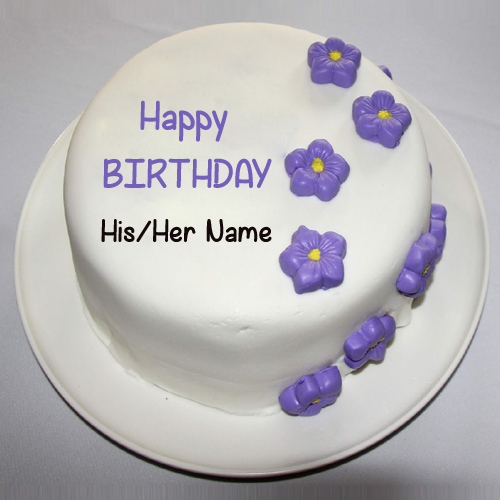 Write Name on Pretty Birthday Violet Floral Cake