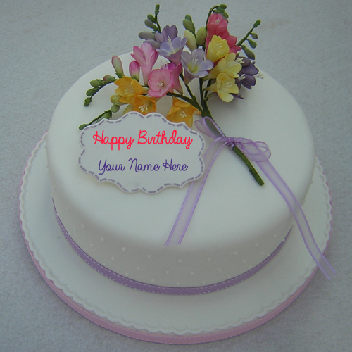 Happy Birthday Freesia Decorated Cake With Your Name