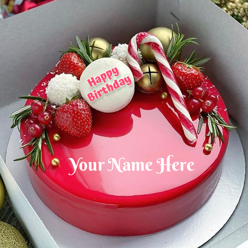Write Name on Elegant Shining Red Birthday Cake