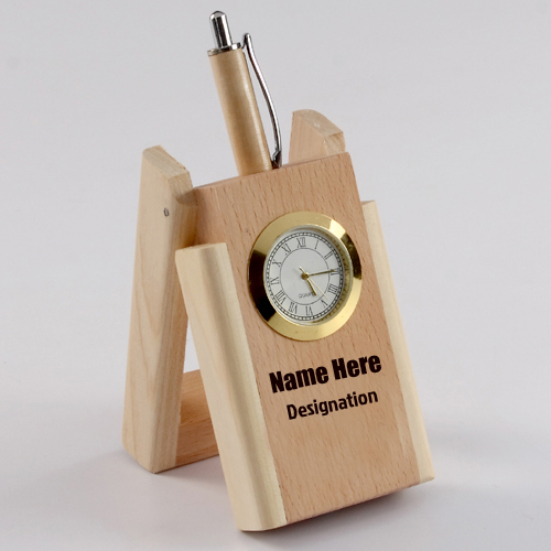 Write Name and Designation on Wooden Pen Stand With Clo