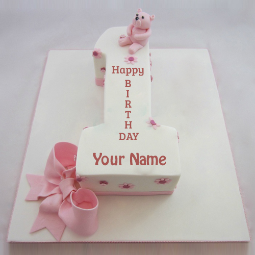 Happy 1st Birthday Cute Teddy Pink Cake With Name