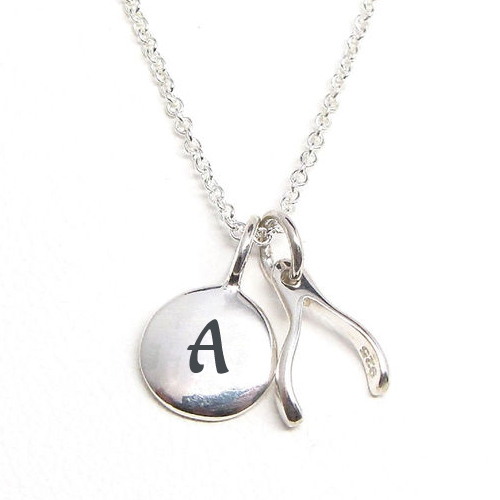 Write Name on Silver Initial Wishbone Charm Necklace