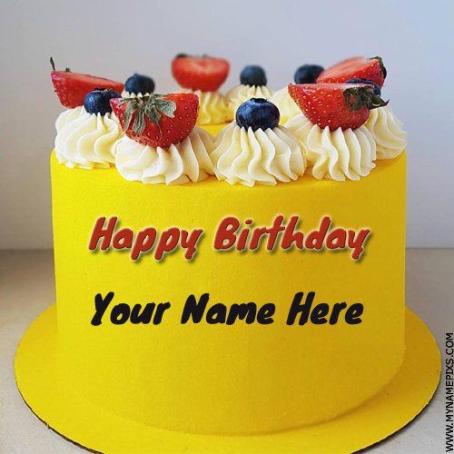 Write Name On Yellow Fruit Cake For Birthday Wishes
