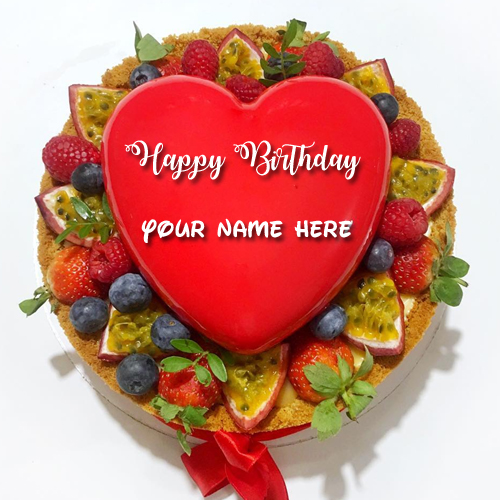 Write Name on Beautiful Shining Red Heart Birthday Cake