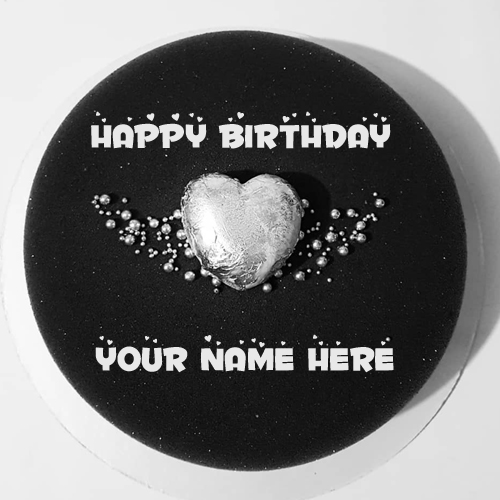 Black and Silver Heart Birthday Wishes Cake With Name