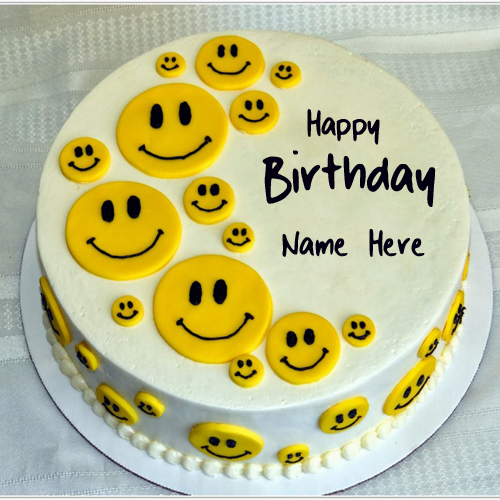 Cute Smiley Yellow Birthday Cake With Your Name