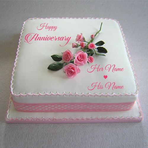 Write Couple Name Happy Anniversary Pink Rose Cake