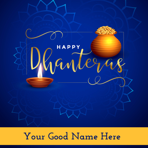 Write Name on Dhanteras Festival Card With Diya Kalash