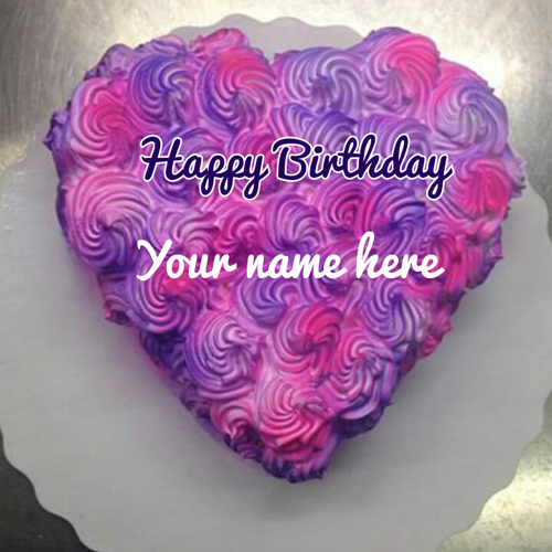 Heart Shape Soft Cream Purple Birthday Cake With Name