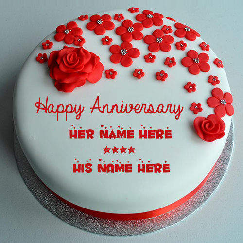 Red Flower Fondant Anniversary Wishes Cake With Name