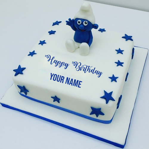 Write Name on Cute Smurfs Cake For Kids Birthday Wishes