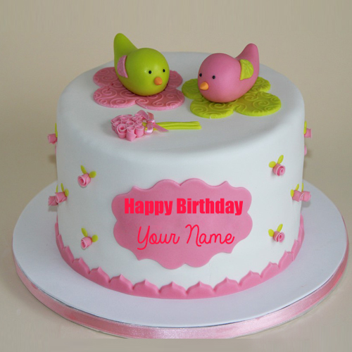 Happy Birthday Cute Birds Toppings Pink Cake With Name