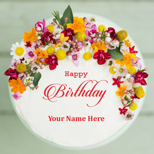 Happy Birthday Colorful Flower Cake With Your Name
