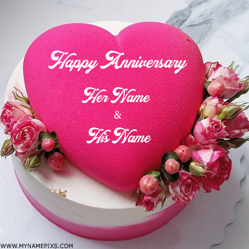 Romantic Heart Cake For Anniversary Wishes With Name