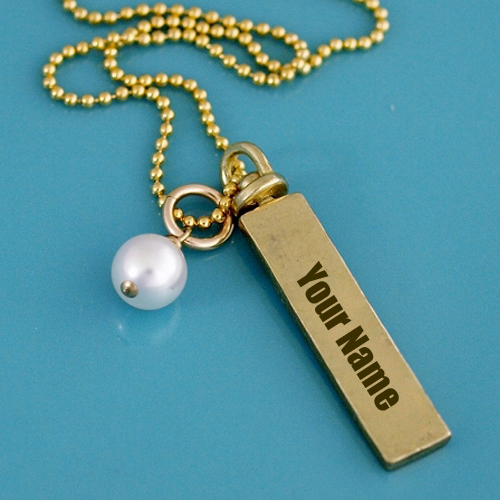 Write Name on Hand Stamped Bar Pendant With Birthstone