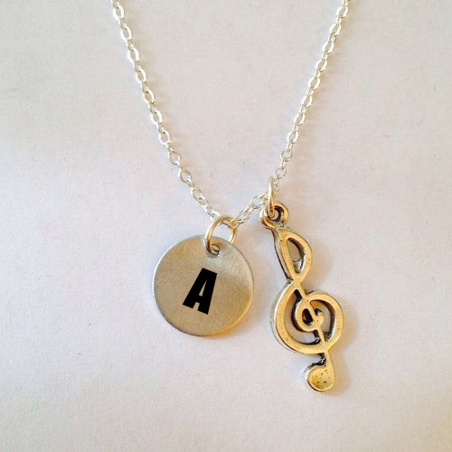 Write Alphabet on Music Treble Hand Stamped Necklace