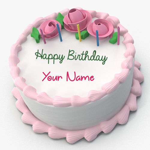 Write Name on Pink Floral Toppins Happy Birthday Cake
