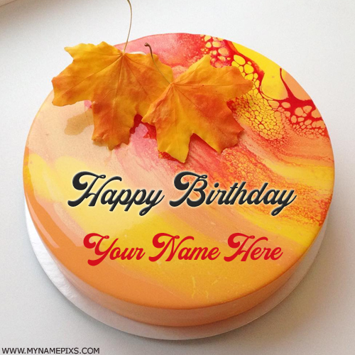 Autumn Theme Birthday Wishes Name Cake With Maple Leaf