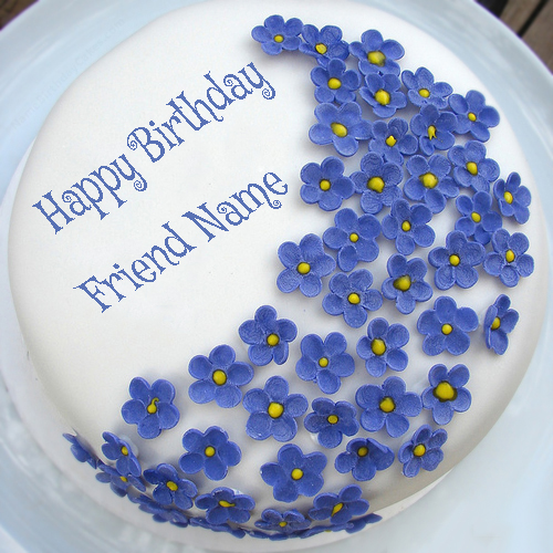 Write Your Friend Name On Violet Flowers Birthday Cake