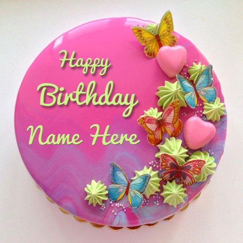 Write Name on Pink Heart Mirror Glazed Birthday Cake