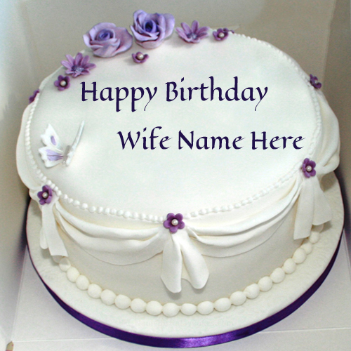 Write Name On Violet Roses Birthday Cake For Wife