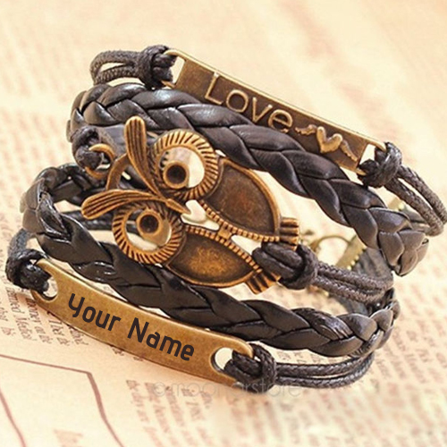 Multi Layer Leather Bangle Bronze Wristband With Name