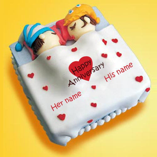 Write Name on Cute Sleeping Love Couple Anniversary Cak