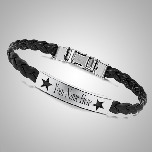 Write Your Name On Beautiful Black Leather Bracelet