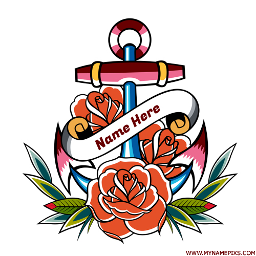 Write Name on Beautiful Anchor Tattoo Art With Red Rose