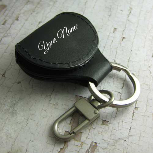 Write Name on Black Leather Guitar Pick Holder Keychain