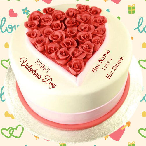 Valentines Day Heart Shape Rose Cake With Couple Name