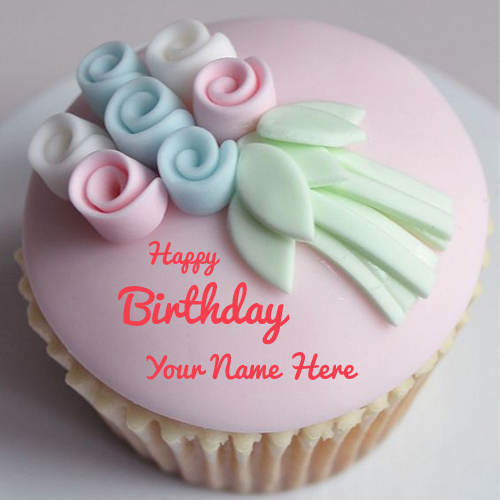 Write Name on Flower Bunch Birthday Cupcake
