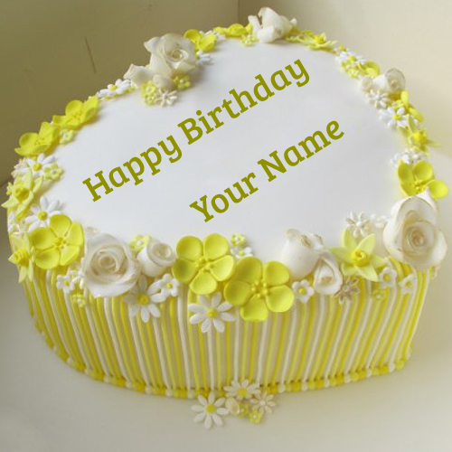 Yellow Heart Candy Stripes Birthday Cake With Name
