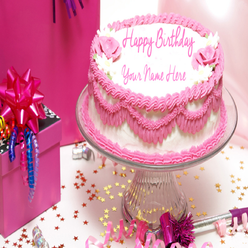 Write Your Name On Lovely Pink Flower Birthday Cake.