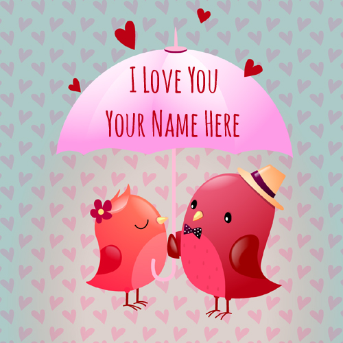 Two Love Birds Under Pink Umbrella Greeting With Name