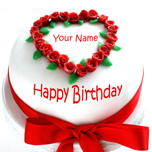 Write Name on Happy Birthday Cake With Red Ribbon