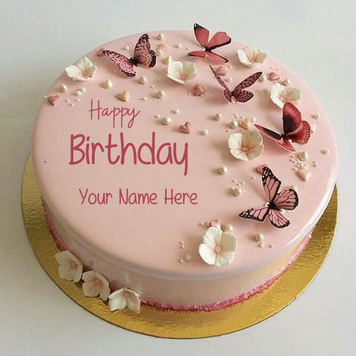 Butterfly Theme Happy Birthday Pink Cake With Your Name