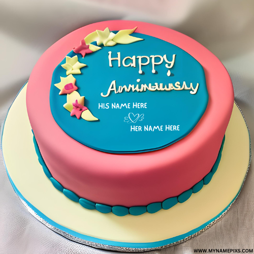Happy Anniversary Beautiful Pink Cake With Couple Name 