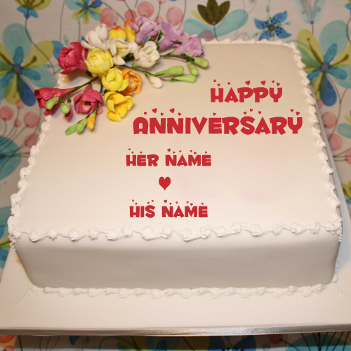 Happy Marriage Anniversary Square Floral Cake With Name