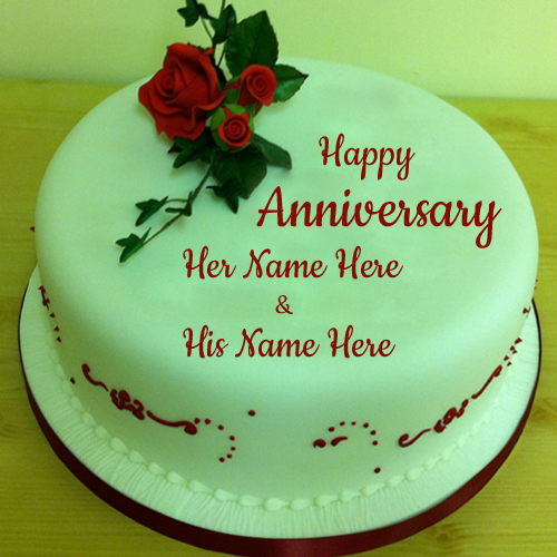Beautiful Rose on Wedding Anniversary Cake With Name