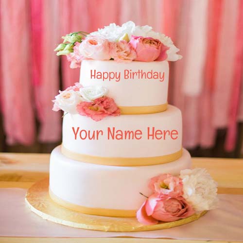 Write Your Name On Pink Flower Layered Birthday Cake