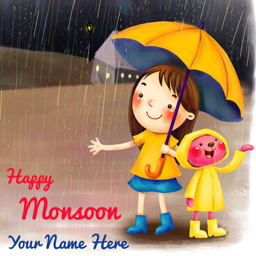 Write Name on Happy Monsoon Wishes Rain Greeting Card