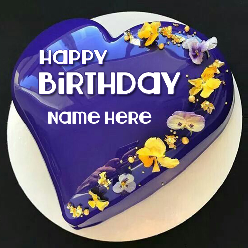 Mirror Glaze Shiny Blue Heart Birthday Cake With Name