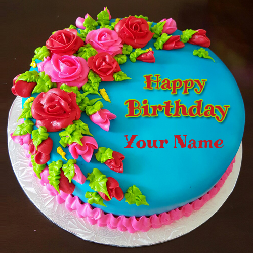 Write Your Name on Beautiful Round Flower Birthday Cake